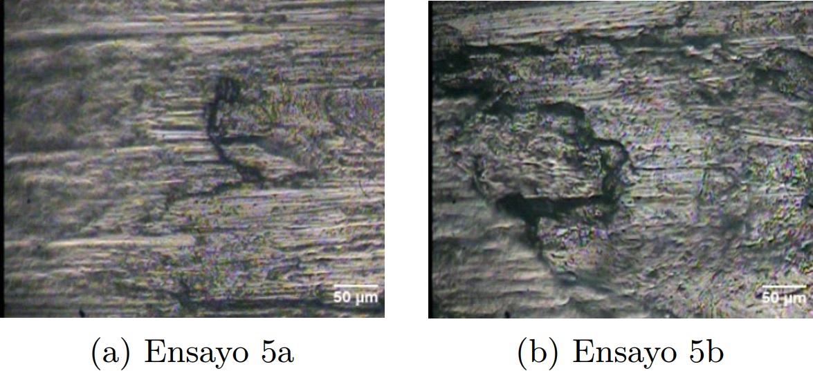 Micrograf&iacute;as obtenidas por
  microscop&iacute;a &oacute;ptica a 200x de la huella de desgaste del experimento 5 del
  acero AISI 304.