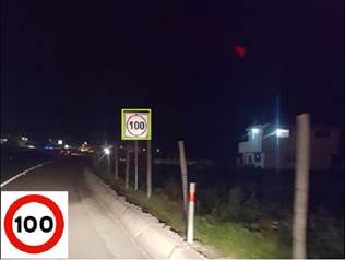 Figura 10. Resultados del sistema de
detecci&oacute;n de se&ntilde;ales de tr&aacute;nsito en el caso de velocidad de 100, durante un d&iacute;a
oscuro en zona urbana; (a) imagen de entrada, (b) ROI y (c) detecciones.