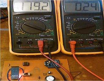 Valor medido del voltaje y la corriente consumida.