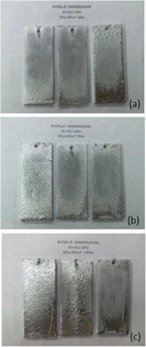 Muestras de acero recubiertas con la tcnica de doble inmersin, para diferentes tiempos de inmersin a) 60 s, b) 90 s y c) 120 s.