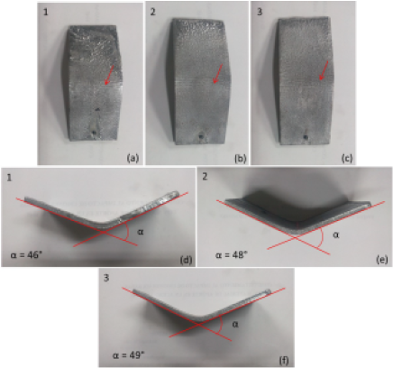 Muestras 1, 2 y 3 con recubrimientos galvanizados por doble inmersin, con un tiempo total de inmersin de 60 s, ensayadas por doblez donde se observa el ngulo crtico, vista superior (a, b y c) vista transversal (d, e y f).