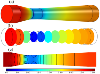 Distribución de presión (mmH2 O). (a) En la superficie de la pared. (b) En la sección transversal, y (c) Proyectado en el plano.