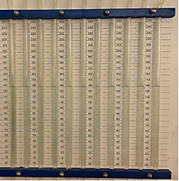 Posición inicial de las alturas piezométricas de 140 mm de los niveles de las once columnas de agua. Donde, de izquierda a derecha, el primer tubo piezométrico está conectado en la referencia A de la pared del tubo Venturi, el segundo en la referencia B, así mismo, están ubicados los otros hasta la referencia L (ver Figura 2).   