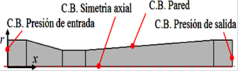 Dominio computacional 2D con simetría axial en el eje x, del tubo Venturi.