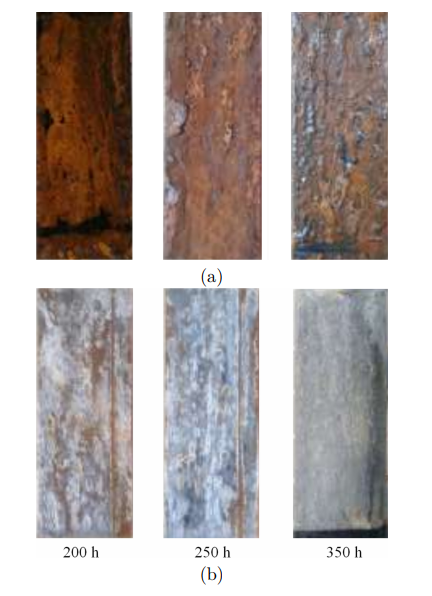 Probetas de material base expuestas a la CNS a) ASTM A-500, b) acero galvanizado