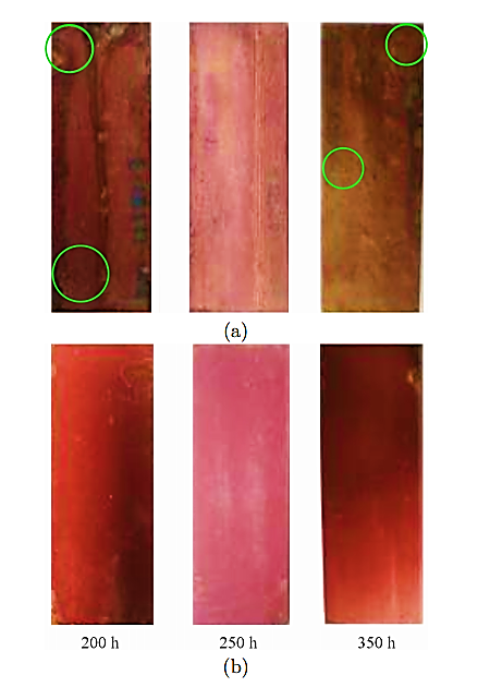Probetas de ASTM A-500 expuestas a 200, 250 y 350 h, a) SSPC-SP-3, b) SSPC-SP-5