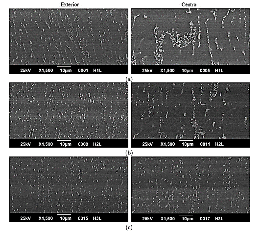 Micrograf�as SEM mostrando la variaci�n de la microestructura de la muestra de AA-3003 homogeneizada con trabajo en fr�o, en las posiciones exterior y centro: (a) 0 % CW, (b) 30 % CW, (c) 60 % CW