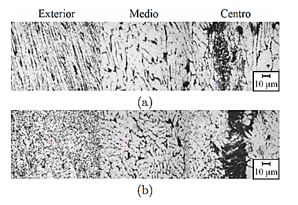Micrograf�as OM mostrando la microestructura de las muestras DC CI de la aleaci�n AA3003: (a) direcci�n de laminado, (b) direcci�n transversal