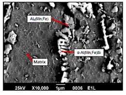 Micrograf�a SEM mostrando una identificaci�n tentativa de las fases de la aleaci�n AA-3003 en la condici�n como fue recibida