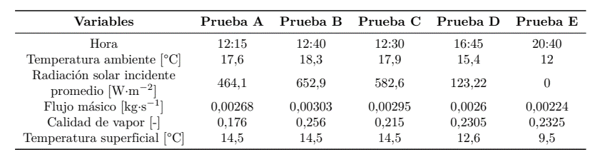 Datos experimentales para 5 pruebas distintas