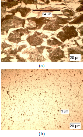 Microscop�a �ptica de la zona afectada termomec�nicamente a 10000x a) Acero. b) Aluminio.
