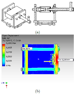 Dise�o del sistema de sistema de presi�n hidr�ulico, a) Dise�o asistido por computador, b) simulaci�n del desplazamiento m�ximo