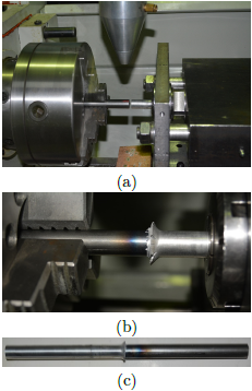 Proceso de soldadura. a) Aplicaci�n l�ser sobre el eje de acero. b) Formaci�n del flash en el eje de aluminio. c) Probeta soldada