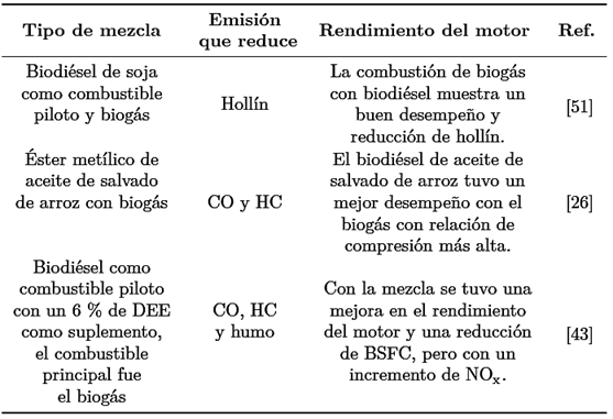 Mezcla de combustible dual con bioaceite y alcohol con biog&aacute;s