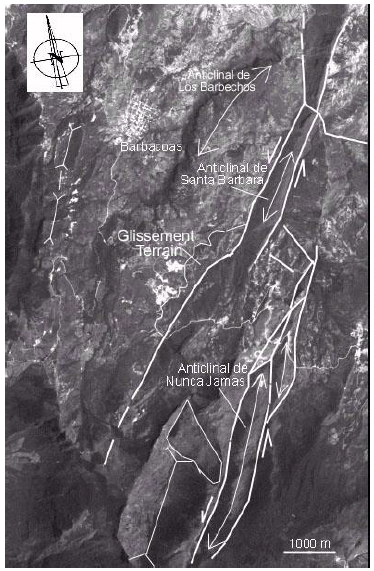 Imagen Spot en la que se indican los Anticlinales de Santa Brbara y Nunca Jams ejemplos claros de estructuras en flor positivas.