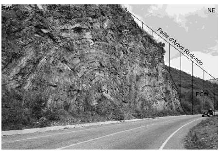 Pliegue sinclinal y anticlinal que conforman la estructura de rbol Redondo producto de la inversin tectnica al interior del graben de San Lzaro. PCm: Asociacin Mucuchach, KPa: Fm. Peas Altas.