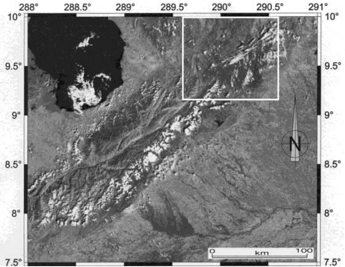 Imagen Landsat TM. Se indica en recuadro superior la regin de estudio