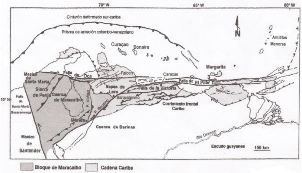 Cuadro geolgico – estructural del rea de estudio. Se muestran las principales fallas del pas y los lmites del Bloque de Maracaibo, as como los terrenos que conforman al Bloque de Maracaibo, las napas de Lara o terreno Caribe y el Escudo guayans.