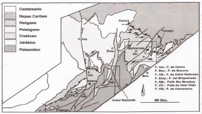 Cuadro geolgico- estructural del Bloque de Trujillo. Destacan en recuadro inferior el sector de rbol Redondo y en recuadro superior el sector de Barbacoas – Los Humocaros.