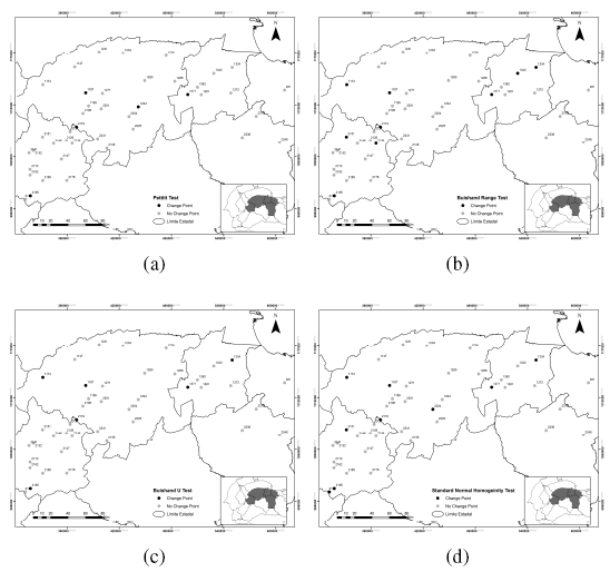 Comportamiento espacial (a) Pettitt Test; (b) Buishand Range Test; (c) Buishand U Test y (d) Standard Normal Homogeinity Test.