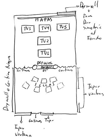 Bosquejo
realizado por Iv&aacute;n Sierra de la videoinstalaci&oacute;n La Siberia: recuerda al olvidar. En la parte inferior est&aacute; el
primer espacio que simula un cine. En la parte superior, el espacio del
archivo, aunque en una configuraci&oacute;n espacial y de n&uacute;mero de pantallas distinta
a la que finalmente tuvo lugar. 

 