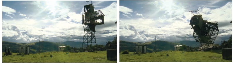 Fotogramas en
secuencia de La Siberia: la ca&iacute;da de
la torre m&aacute;s ic&oacute;nica en el cable que llevaba la caliza de la mina a la planta.