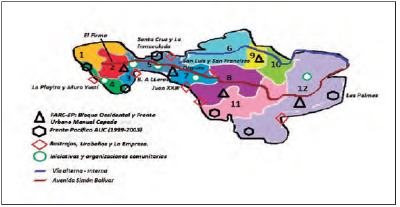 Mapa con presencia de actores armados e iniciativas y organizaciones comunitarias