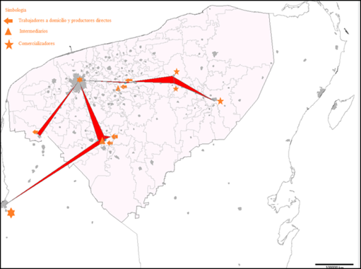 Ubicaci&oacute;n geogr&aacute;fica de personas trabajadoras a domicilio, intermediarios y comercializadores de bordados a m&aacute;quina, Man&iacute;, Halach&oacute; e Izamal