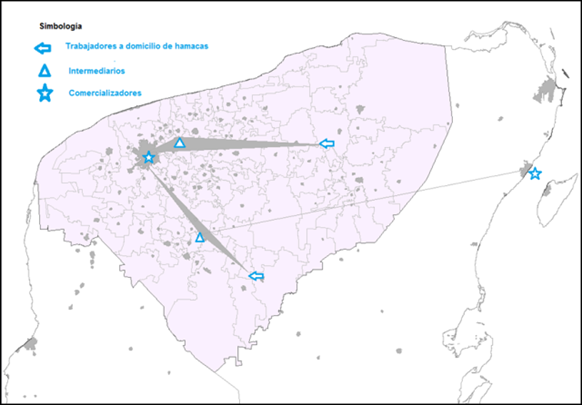 Ubicaci&oacute;n geogr&aacute;fica de personas trabajadoras a domicilio, intermediarias y comercializadoras de hamacas: casos de Chacsikin, Espita-San Antonio Xuilub