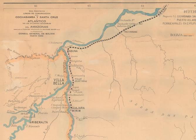 Fragmento de mapa de proyectos férreos y vías fluviales a través de Guayaramerín (1915)