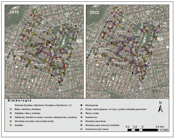 Comparativa del paisaje econ�mico-gastron�mico en Condesa, a�os 2015 y 2022