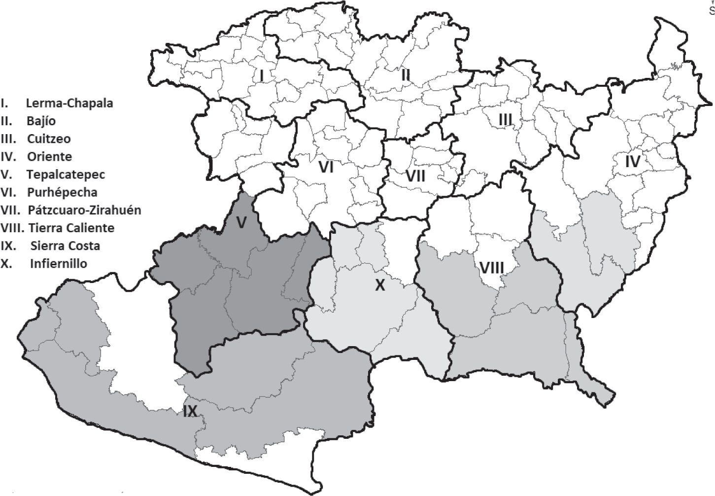 Regiones de Michoac&aacute;n de Ocampo. Principales municipios productores de ajonjol&iacute;