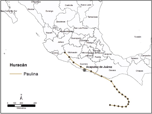 Trayectoria del huracán Pauline, 1997
