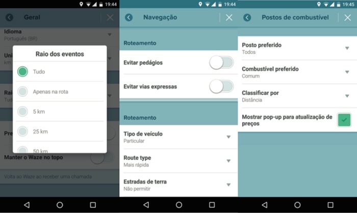 Prefer&ecirc;ncias do usu&aacute;rio no aplicativo Waze