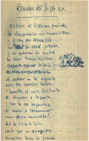 Borrador de Romance del siglo xx con correcciones de Campmany y escaneado del original facilitado por Conchita Bermejo