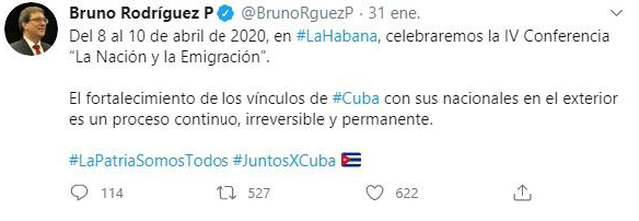 Perfil oficial del canciller cubano, Bruno Rodr&iacute;guez, en Twitter. Fecha: 31/01/2020