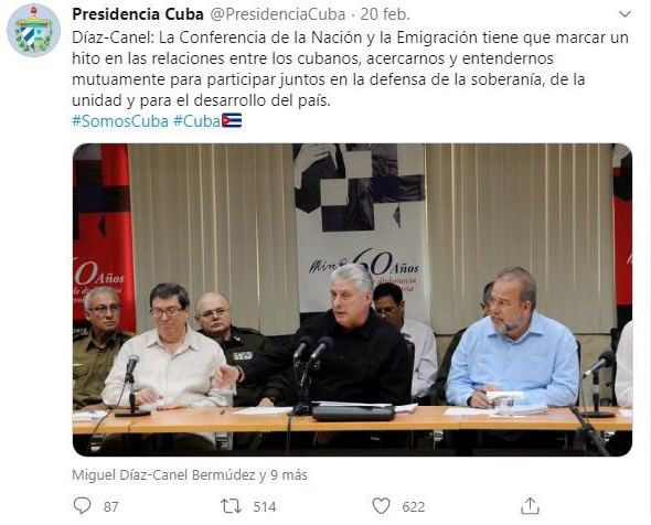 Captura de pantalla del perfil oficial en Twitter de la Presidencia de la Rep&uacute;blica de Cuba. Fecha: 20/02/2020