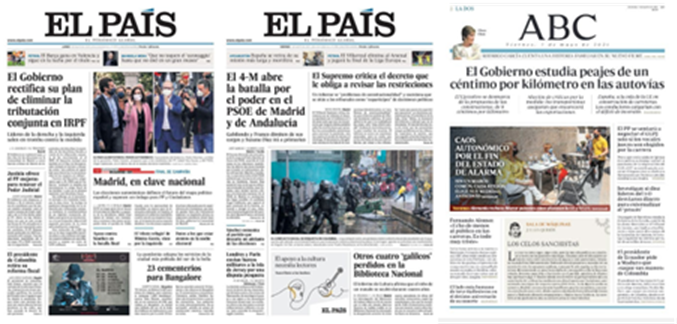 Portadas dedicadas al conflicto. El Pa&iacute;s y abc, 3 y 7 de mayo de 2021