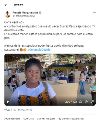 Mensaje m�s viral en elecciones legislativas (marzo de 2022) en #ColombiaDecide con @FranciaMarquezM, pol�tica de izquierda, como usuaria l�der