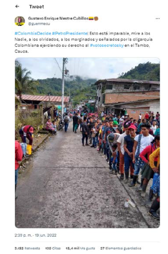 Mensaje m�s viral durante la segunda vuelta electoral 2022 en #ColombiaDecide con un activista de izquierda como usuario l�der