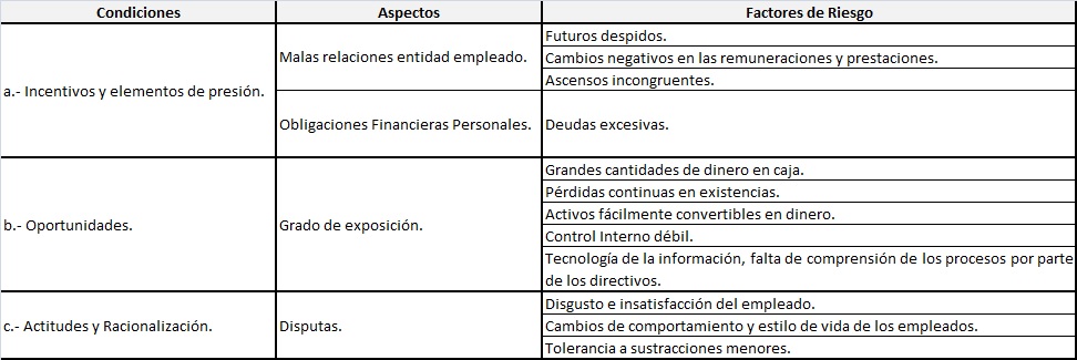 Factores de riesgo apropiaci&oacute;n
indebida de activos