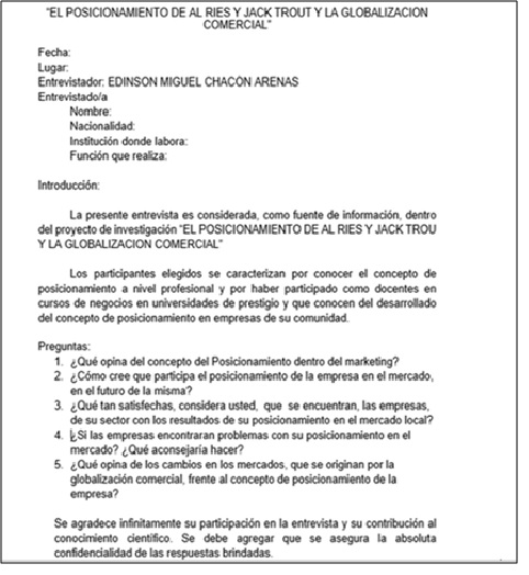 Figura 1. Ficha técnica de
entrevista aplicada en la investigación a docentes y/o ejecutivos