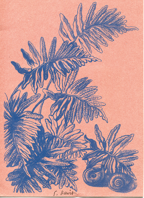Suzanne Davit, Laforest family carol, 1959, blue ink lithograph on cardboard, 15 � 21 cm.