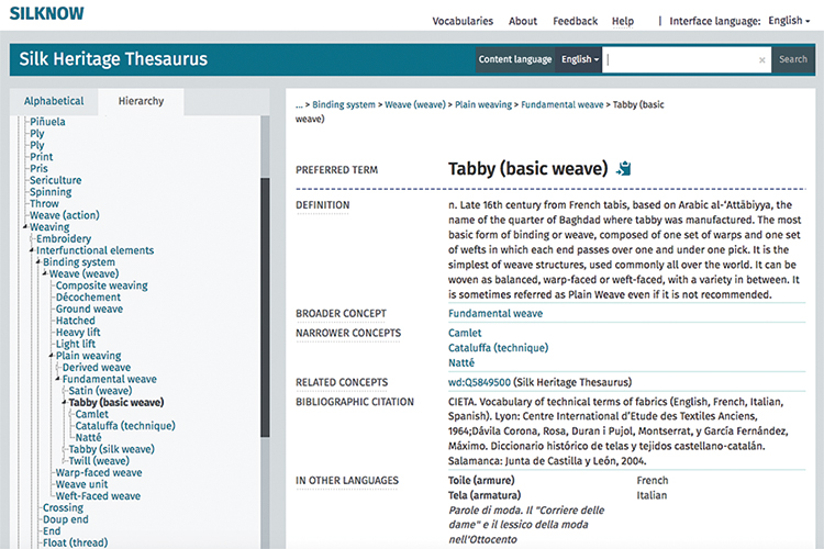 The SILKNOW Thesaurus brings specialized terminology related to silk in four languages.