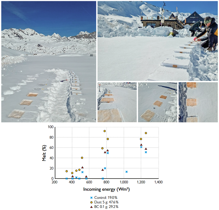 Example of the experiments designed to estimate snow impacts after different aerosol deposition types and baselines.
