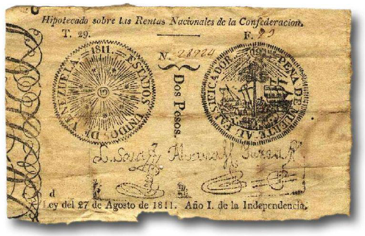 Billete
falsificado de dos pesos. 1811