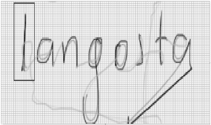 Ejemplo de c�mo trazos continuos, en este caso los grafemas de la palabra langosta, puede convertirse en una serie de puntos discretos. En una tableta gr�fica, la superficie sobre la que se escribe se divide en una cuadr�cula de p�xeles. De esta manera, se registra la posici�n del l�piz de una manera precisa, lo que, a su vez, permite determinar la amplitud de cada trazo. Tambi�n se registra el tiempo en que el l�piz se encuentra en determinada posici�n, lo que permite derivar la velocidad de escritura, dividiendo la distancia recorrida por el tiempo usado para esto. (El grafema  est� marcado por un rect�ngulo para un an�lisis espec�fico de este grafema.)