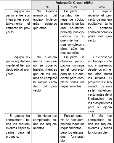 R&uacute;brica de evaluaci&oacute;n. Componente grupal durante la ejecuci&oacute;n del proyecto.