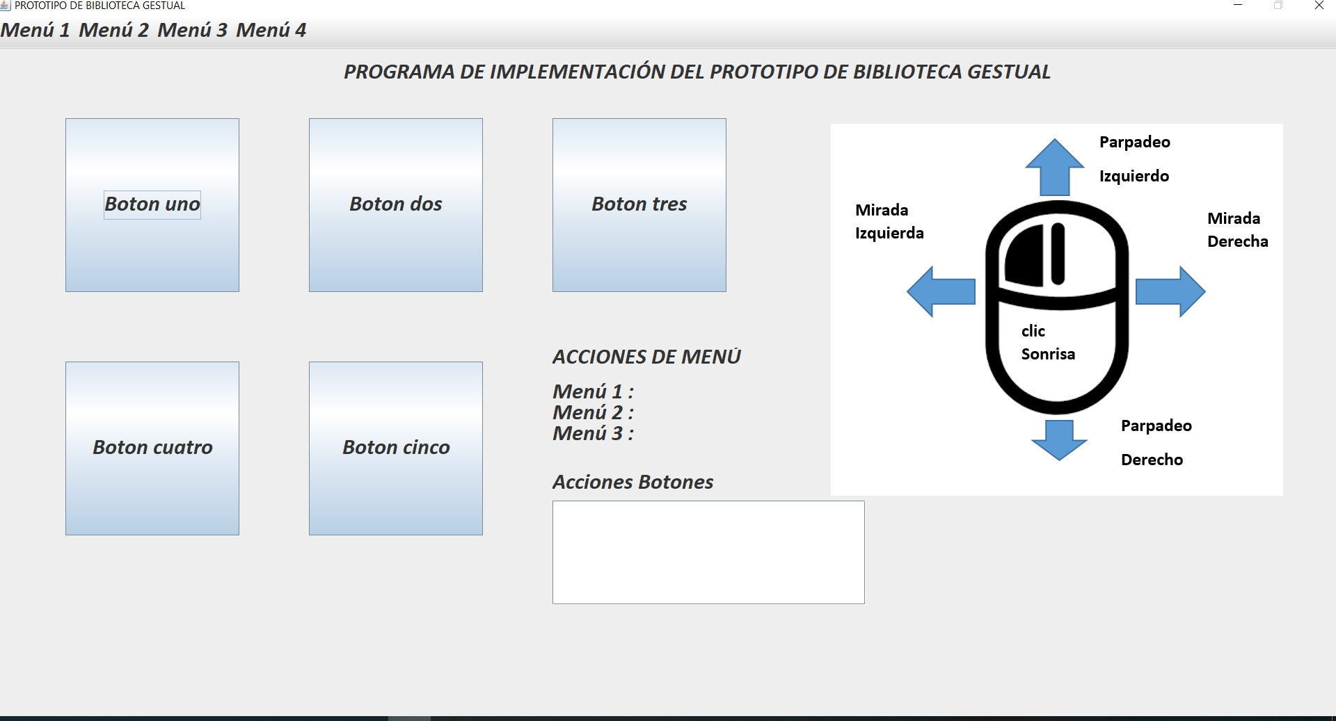 Pantalla de la implementacin del programa de prueba del prototipo de la capa de funciones gestuales.