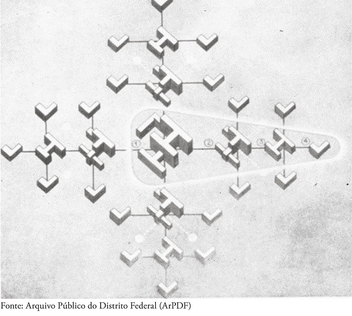 “Aspéto [sic] geral das unidades componentes da rede hospitalar”. Diagrama esquemático da distribuição de unidades médico-hospitalares no território do DF. Legenda: 1-Hospital de base, 2- hospital distrital, 3- Hospital rural, 4 -Hospital satélite. [ca. 1959]